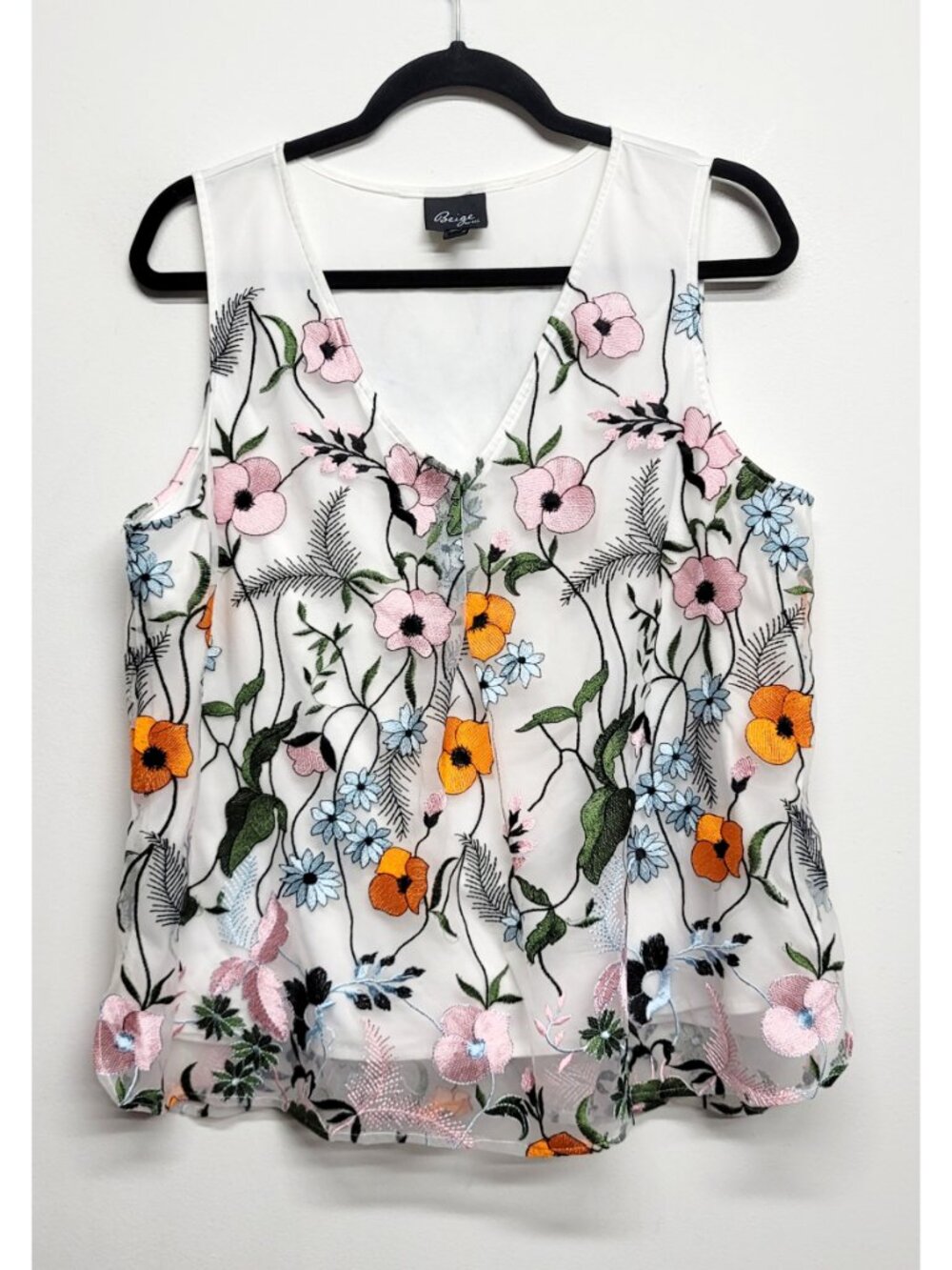 Beige by ECI White Embroidered Floral Mesh Overlay Sleeveless Top XL